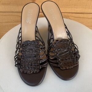 Franco Sarto Short Wedge Slip‎ On Heels 7.5m Brown Exotic Leather Strappy Y2K